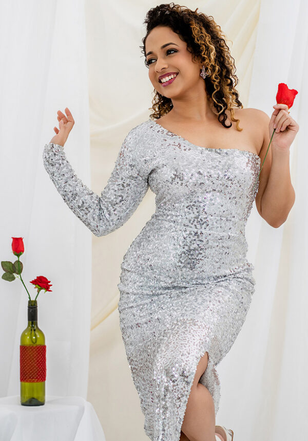 ANASTASIA SILVER ONE SHOULDER DRESS